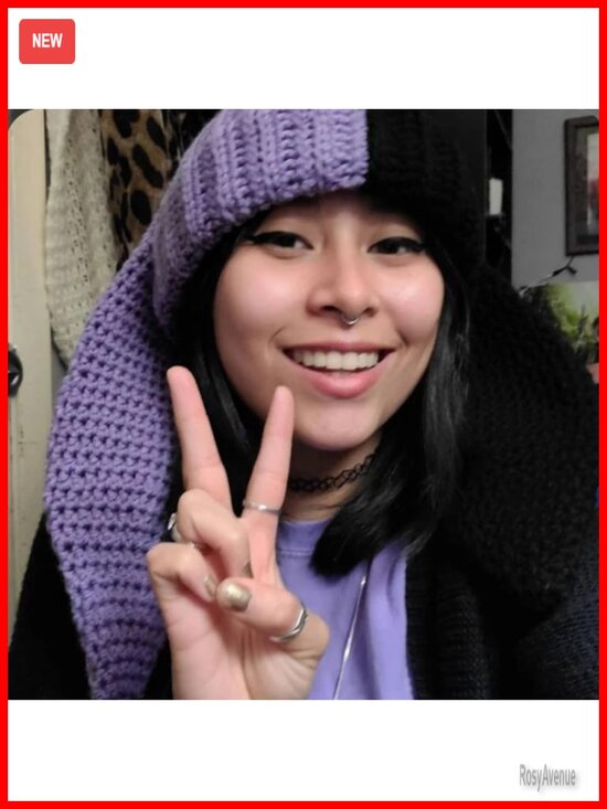 Color Block Knit Beanie Hat with Cute Bunny Long Ears Winter Cap main image 6